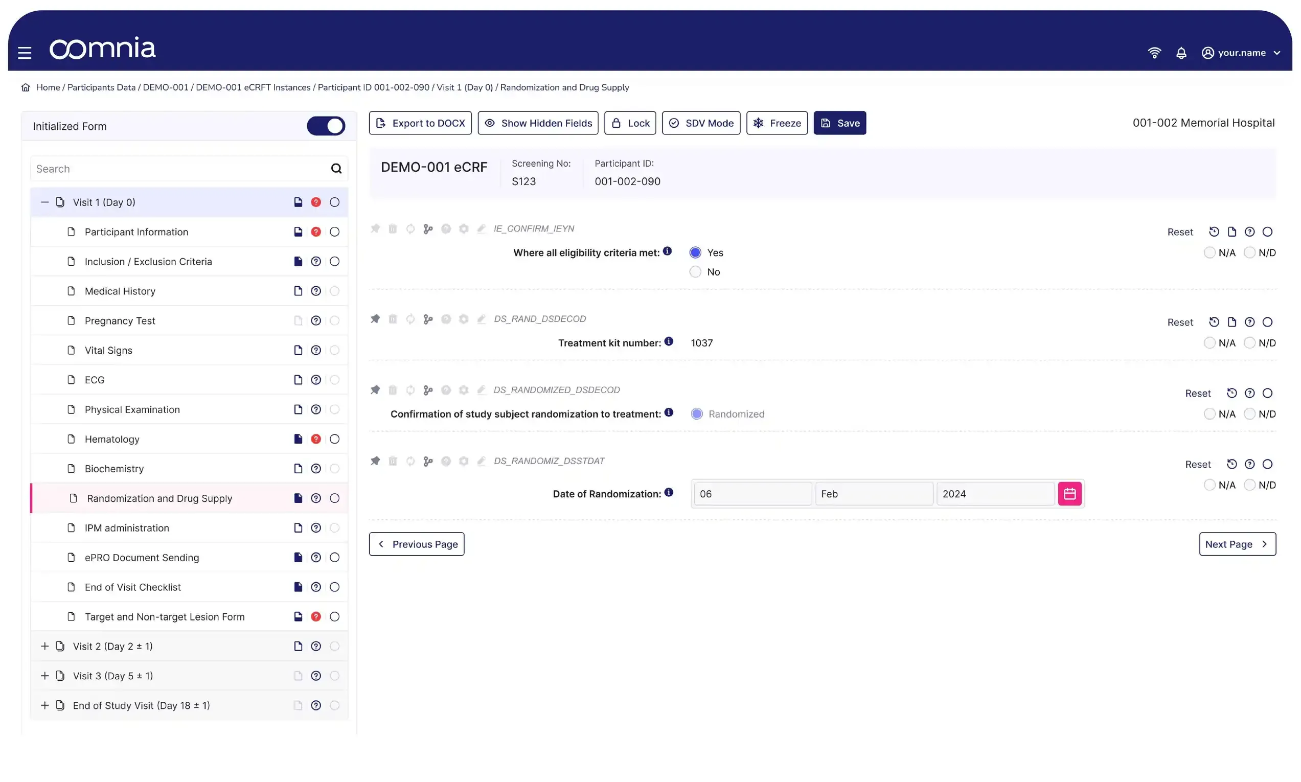 oomnia EDC eCRF interface with edit-check warnings and data validation panel