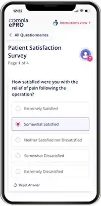 oomnia ePRO patient questionnaire interface showing outcome measurement form on mobile device